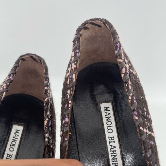Manolo Blahnik BB Tweed Whipstitch Pumps Pointed Toe Purple Brown 37.5 / 7.5 - Picture 14 of 15